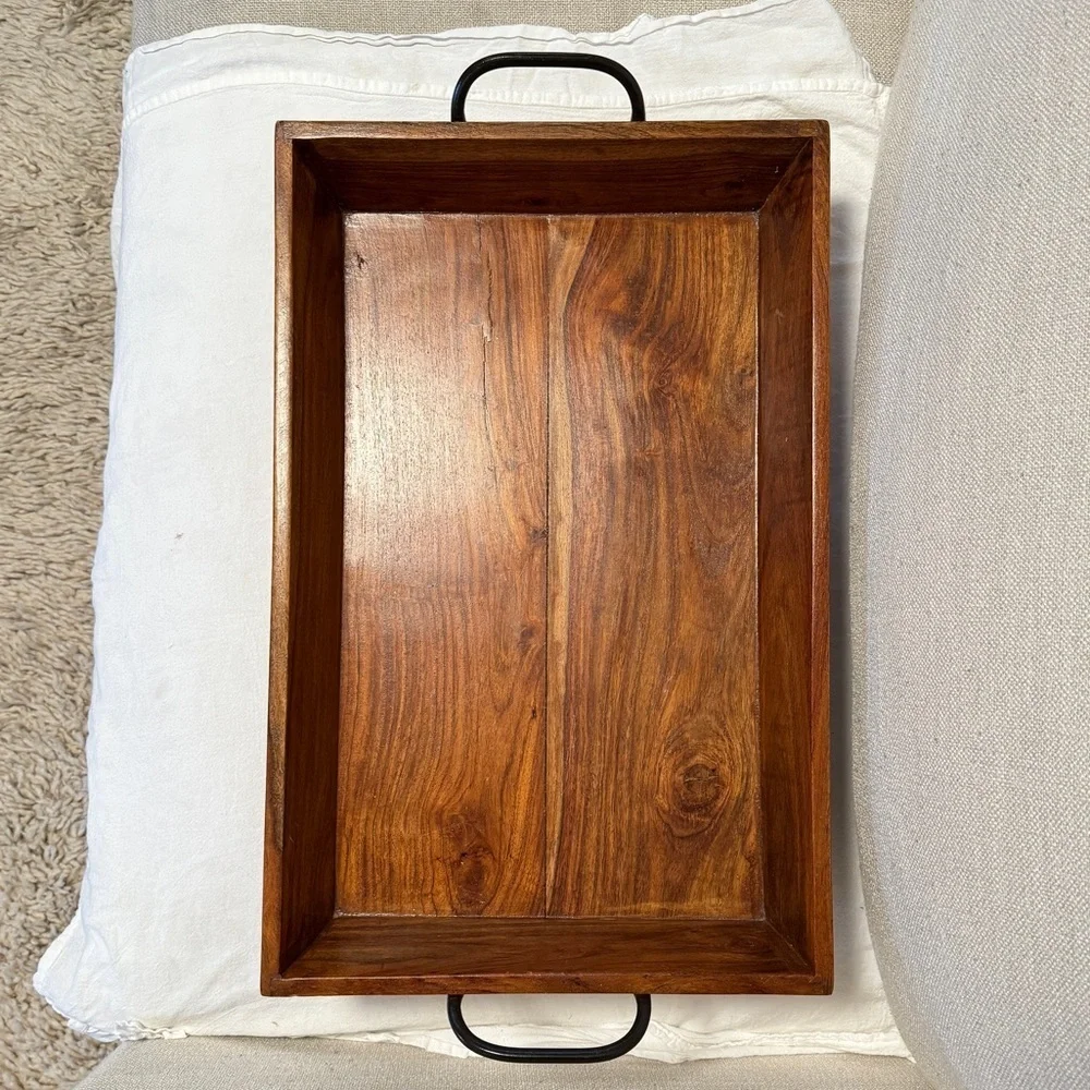 Large Rectangular Wood Tray with Metal Handles